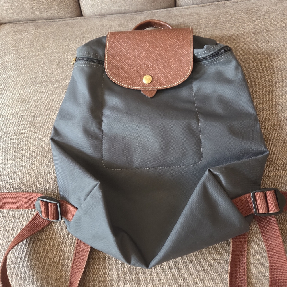 Grey and Brown Leather Longchamp Le Pliage Backpack